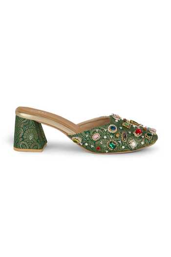 Buy Anaar Emerald Green Rangrez Brocade Block Heels Online at Aza Fashions Buy_Anaar_Emerald Green Rangrez Brocade Block Heels _Online_at_Aza_Fashions