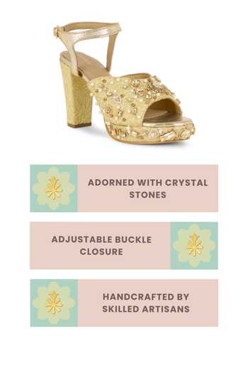 Shop Anaar Gold Blockbuster Babes Pearl Embellished Heels Shop_Anaar_Gold Blockbuster Babes Pearl Embellished Heels