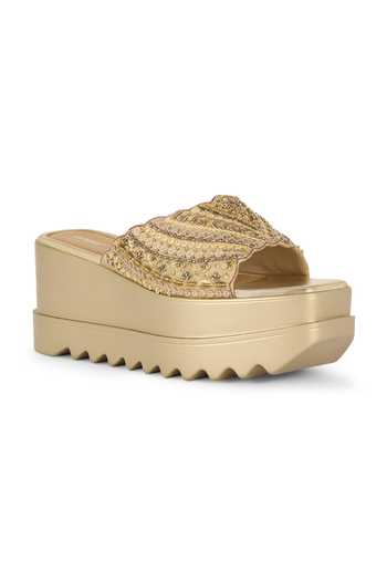 Shop Anaar Gold Spellbound Embellished Platform Wedge Heels Online at Aza Fashions Shop_Anaar_Gold Spellbound Embellished Platform Wedge Heels _Online_at_Aza_Fashions