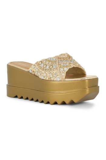 Anaar Gold Naaz Brocade Embellished Wedge Platform Slip-on Heels Online at Aza Fashions Anaar_Gold Naaz Brocade Embellished Wedge Platform Slip-on Heels _Online_at_Aza_Fashions