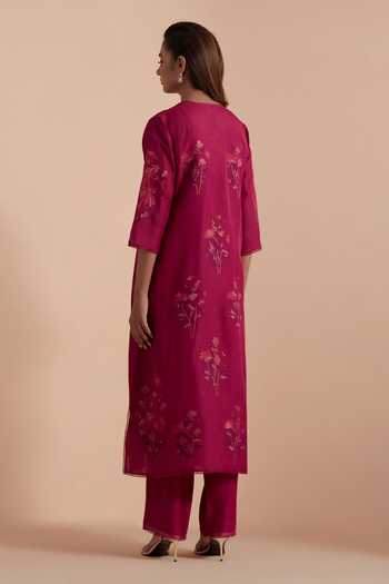 Kora Fuchsia Silk, Chanderi Round Neck Floral Brocade Woven Kurta Set Online at Aza Fashions Kora_Fuchsia Silk, Chanderi Round Neck Floral Brocade Woven Kurta Set _Online_at_Aza_Fashions