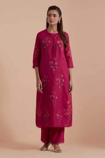Buy Kora Fuchsia Silk, Chanderi Round Neck Floral Brocade Woven Kurta Set Online at Aza Fashions Buy_Kora_Fuchsia Silk, Chanderi Round Neck Floral Brocade Woven Kurta Set _Online_at_Aza_Fashions