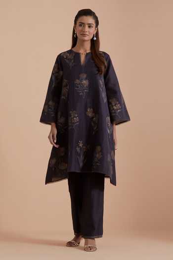 Kora Grey Silk, Chanderi Round Neck Floral Woven Kurta Set Online at Aza Fashions Kora_Grey Silk, Chanderi Round Neck Floral Woven Kurta Set _Online_at_Aza_Fashions