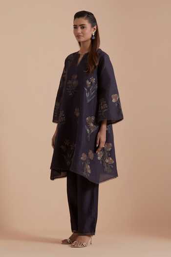 Buy Kora Grey Silk, Chanderi Round Neck Floral Woven Kurta Set Online at Aza Fashions Buy_Kora_Grey Silk, Chanderi Round Neck Floral Woven Kurta Set _Online_at_Aza_Fashions