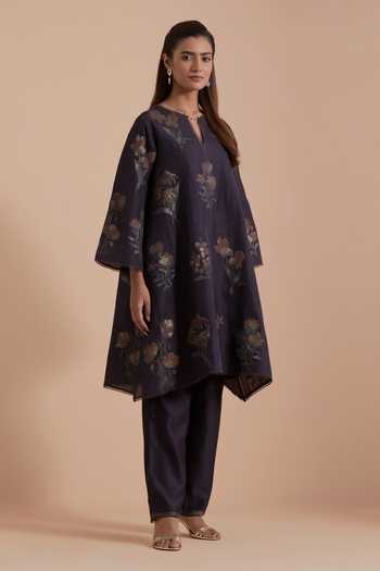 Shop Kora Grey Silk, Chanderi Round Neck Floral Woven Kurta Set Online at Aza Fashions Shop_Kora_Grey Silk, Chanderi Round Neck Floral Woven Kurta Set _Online_at_Aza_Fashions