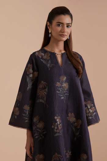 Kora Grey Silk, Chanderi Round Neck Floral Woven Kurta Set at Aza Fashions Kora_Grey Silk, Chanderi Round Neck Floral Woven Kurta Set _at_Aza_Fashions