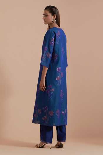 Kora Blue Silk, Chanderi Notched Neck Quilted Brocade Woven Kurta Pant Set Online at Aza Fashions Kora_Blue Silk, Chanderi Notched Neck Quilted Brocade Woven Kurta Pant Set _Online_at_Aza_Fashions