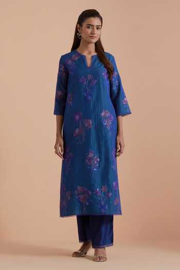 Buy Kora Blue Silk, Chanderi Notched Neck Quilted Brocade Woven Kurta Pant Set Online at Aza Fashions Buy_Kora_Blue Silk, Chanderi Notched Neck Quilted Brocade Woven Kurta Pant Set _Online_at_Aza_Fashions
