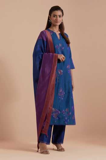 Shop Kora Blue Silk, Chanderi Notched Neck Quilted Brocade Woven Kurta Pant Set Online at Aza Fashions Shop_Kora_Blue Silk, Chanderi Notched Neck Quilted Brocade Woven Kurta Pant Set _Online_at_Aza_Fashions