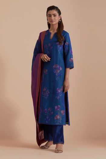 Kora Blue Silk, Chanderi Notched Neck Quilted Brocade Woven Kurta Pant Set at Aza Fashions Kora_Blue Silk, Chanderi Notched Neck Quilted Brocade Woven Kurta Pant Set _at_Aza_Fashions