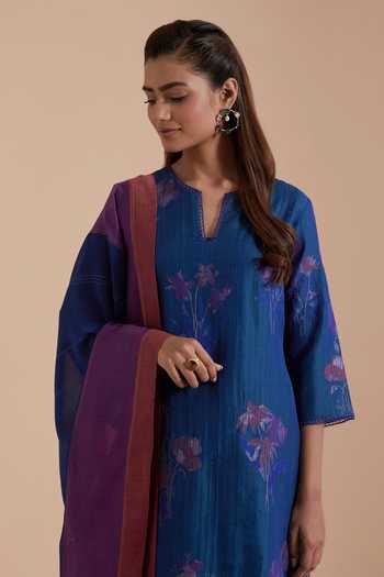Buy Kora Blue Silk, Chanderi Notched Neck Quilted Brocade Woven Kurta Pant Set Buy_Kora_Blue Silk, Chanderi Notched Neck Quilted Brocade Woven Kurta Pant Set