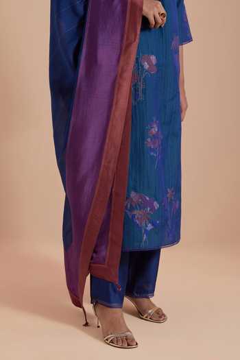 Shop Kora Blue Silk, Chanderi Notched Neck Quilted Brocade Woven Kurta Pant Set Shop_Kora_Blue Silk, Chanderi Notched Neck Quilted Brocade Woven Kurta Pant Set