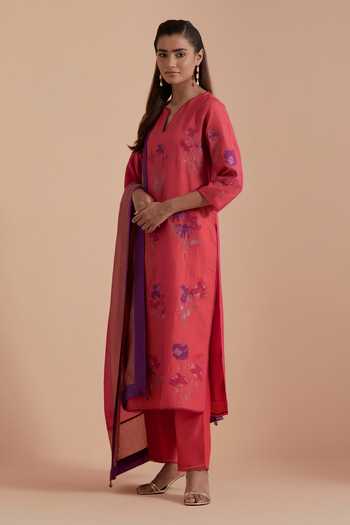 Shop_Kora_Pink Silk, Chanderi Notched Neck Embroidered Kurta Set _Online_at_Aza_Fashions