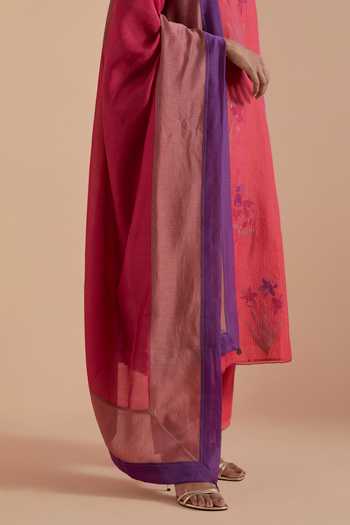 Buy_Kora_Pink Silk, Chanderi Notched Neck Embroidered Kurta Set 
