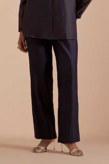 Kora Grey Silk, Chanderi Collared Neck Shirt And Pant Set Online at Aza Fashions Kora_Grey Silk, Chanderi Collared Neck Shirt And Pant Set _Online_at_Aza_Fashions