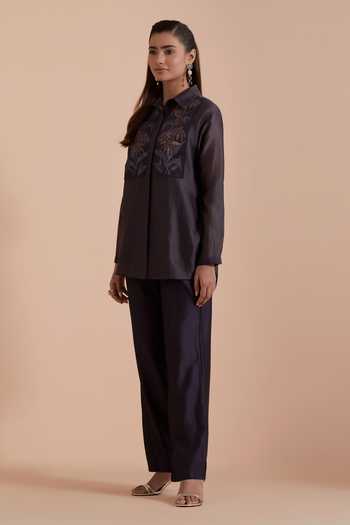 Buy Kora Grey Silk, Chanderi Collared Neck Shirt And Pant Set Online at Aza Fashions Buy_Kora_Grey Silk, Chanderi Collared Neck Shirt And Pant Set _Online_at_Aza_Fashions