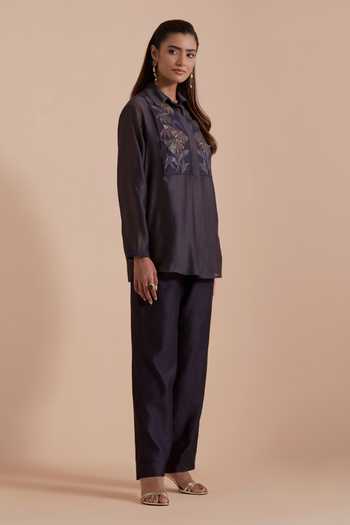 Shop Kora Grey Silk, Chanderi Collared Neck Shirt And Pant Set Online at Aza Fashions Shop_Kora_Grey Silk, Chanderi Collared Neck Shirt And Pant Set _Online_at_Aza_Fashions