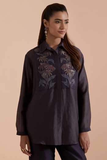 Kora Grey Silk, Chanderi Collared Neck Shirt And Pant Set at Aza Fashions Kora_Grey Silk, Chanderi Collared Neck Shirt And Pant Set _at_Aza_Fashions