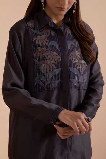 Buy Kora Grey Silk, Chanderi Collared Neck Shirt And Pant Set Buy_Kora_Grey Silk, Chanderi Collared Neck Shirt And Pant Set