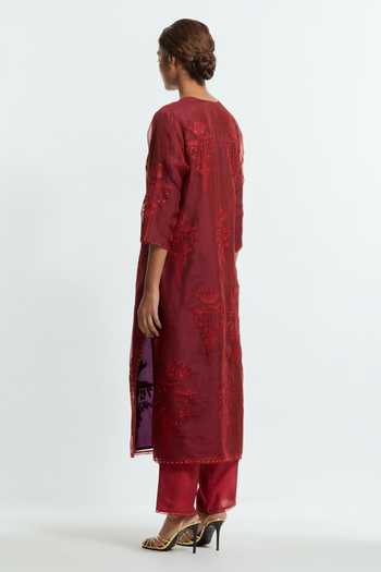Kora_Maroon , Organza Round Neck, Yes Placement Embroidered Kurta Set _Online_at_Aza_Fashions