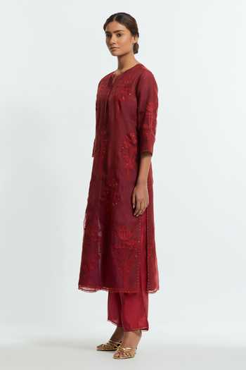 Shop_Kora_Maroon , Organza Round Neck, Yes Placement Embroidered Kurta Set _Online_at_Aza_Fashions