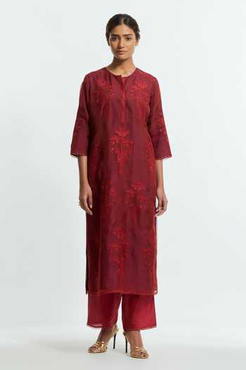 Buy_Kora_Maroon , Organza Round Neck, Yes Placement Embroidered Kurta Set 