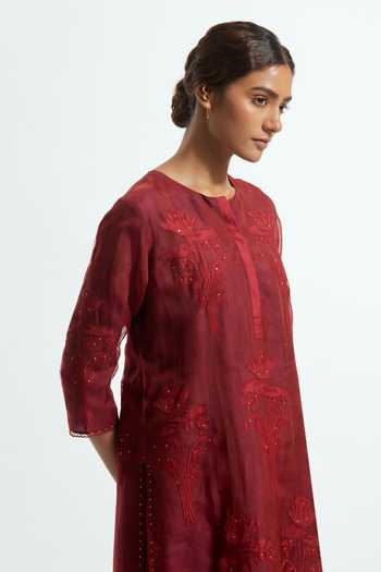 Shop_Kora_Maroon , Organza Round Neck, Yes Placement Embroidered Kurta Set 