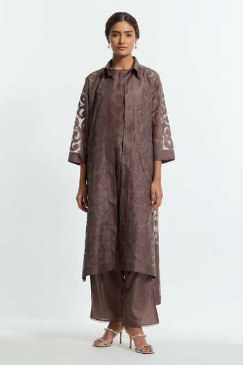 Buy_Kora_Grey Silk Collared Neck Embroidered Jacket And Pant Set _Online_at_Aza_Fashions