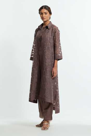 Shop_Kora_Grey Silk Collared Neck Embroidered Jacket And Pant Set _Online_at_Aza_Fashions
