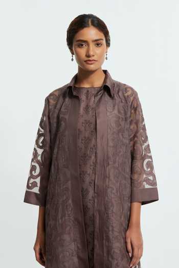 Kora_Grey Silk Collared Neck Embroidered Jacket And Pant Set _at_Aza_Fashions