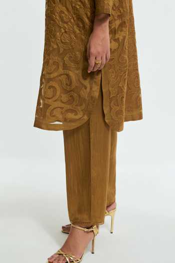 Shop Kora Olive Green Silk Round Neck, Yes Embroidered Kurta Set Online at Aza Fashions Shop_Kora_Olive Green Silk Round Neck, Yes Embroidered Kurta Set _Online_at_Aza_Fashions