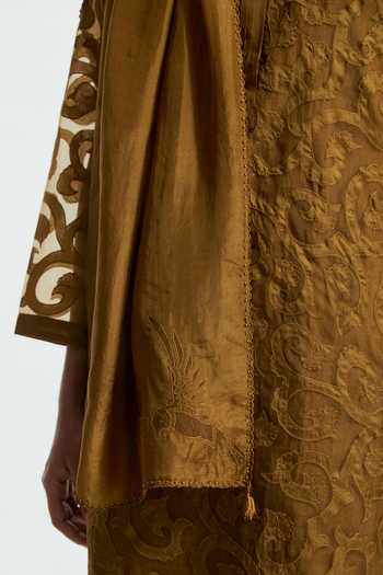 Buy Kora Olive Green Silk Round Neck, Yes Embroidered Kurta Set Buy_Kora_Olive Green Silk Round Neck, Yes Embroidered Kurta Set