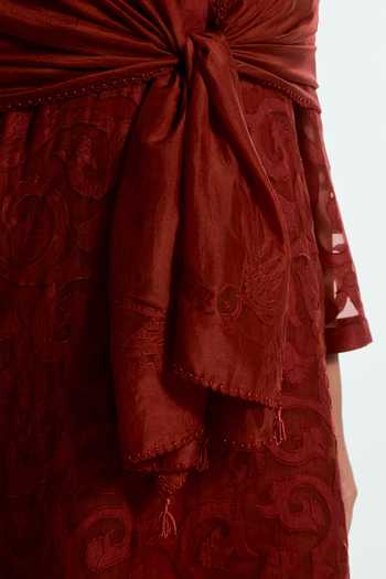 Shop Kora Red Silk Round Neck Embroidered Kurta Set Online at Aza Fashions Shop_Kora_Red Silk Round Neck Embroidered Kurta Set _Online_at_Aza_Fashions