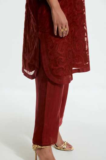 Kora Red Silk Round Neck Embroidered Kurta Set at Aza Fashions Kora_Red Silk Round Neck Embroidered Kurta Set _at_Aza_Fashions