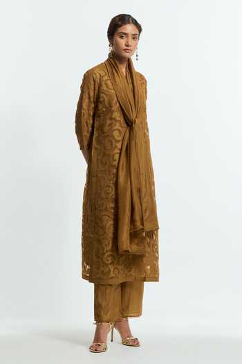 Kora Olive Green Silk, Organza Round Neck Embroidered Kurta Set Online at Aza Fashions Kora_Olive Green Silk, Organza Round Neck Embroidered Kurta Set _Online_at_Aza_Fashions