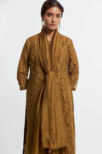 Shop Kora Olive Green Silk, Organza Round Neck Embroidered Kurta Set Online at Aza Fashions Shop_Kora_Olive Green Silk, Organza Round Neck Embroidered Kurta Set _Online_at_Aza_Fashions