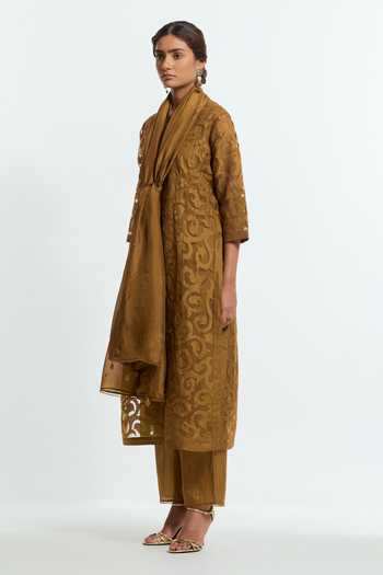 Kora Olive Green Silk, Organza Round Neck Embroidered Kurta Set at Aza Fashions Kora_Olive Green Silk, Organza Round Neck Embroidered Kurta Set _at_Aza_Fashions