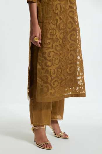 Shop Kora Olive Green Silk, Organza Round Neck Embroidered Kurta Set Shop_Kora_Olive Green Silk, Organza Round Neck Embroidered Kurta Set