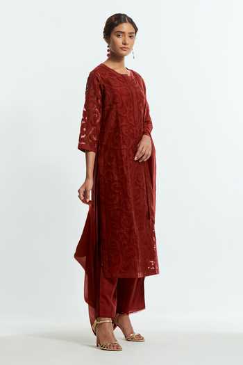 Shop Kora Red Silk, Organza Round Neck Embroidered Kurta Pant Set Online at Aza Fashions Shop_Kora_Red Silk, Organza Round Neck Embroidered Kurta Pant Set _Online_at_Aza_Fashions