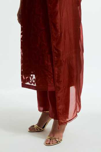 Kora Red Silk, Organza Round Neck Embroidered Kurta Pant Set at Aza Fashions Kora_Red Silk, Organza Round Neck Embroidered Kurta Pant Set _at_Aza_Fashions