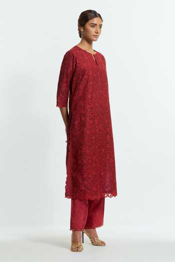 Buy Kora Red Silk, Organza Round Neck Applique Work Kurta Set Online at Aza Fashions Buy_Kora_Red Silk, Organza Round Neck Applique Work Kurta Set _Online_at_Aza_Fashions