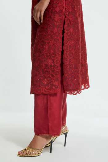 Buy Kora Red Silk, Organza Round Neck Applique Work Kurta Set Buy_Kora_Red Silk, Organza Round Neck Applique Work Kurta Set