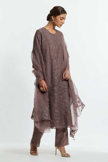 Kora Grey Silk, Organza Round Neck Applique Work Kurta Pant Set Online at Aza Fashions Kora_Grey Silk, Organza Round Neck Applique Work Kurta Pant Set _Online_at_Aza_Fashions