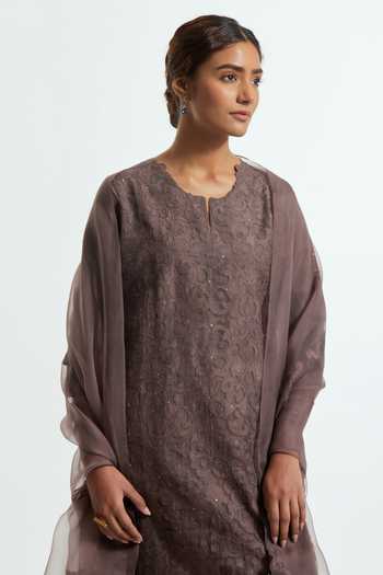 Buy Kora Grey Silk, Organza Round Neck Applique Work Kurta Pant Set Online at Aza Fashions Buy_Kora_Grey Silk, Organza Round Neck Applique Work Kurta Pant Set _Online_at_Aza_Fashions
