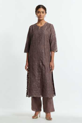 Shop Kora Grey Silk, Organza Round Neck Applique Work Kurta Pant Set Online at Aza Fashions Shop_Kora_Grey Silk, Organza Round Neck Applique Work Kurta Pant Set _Online_at_Aza_Fashions