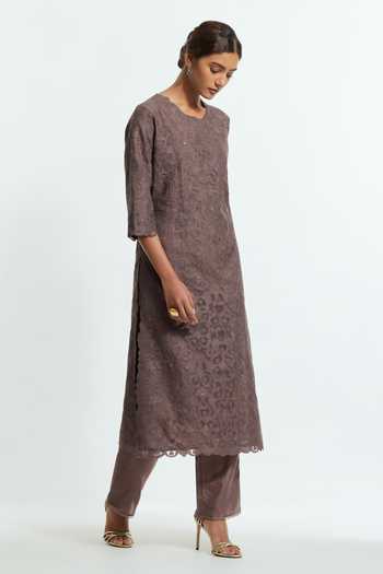Kora Grey Silk, Organza Round Neck Applique Work Kurta Pant Set at Aza Fashions Kora_Grey Silk, Organza Round Neck Applique Work Kurta Pant Set _at_Aza_Fashions