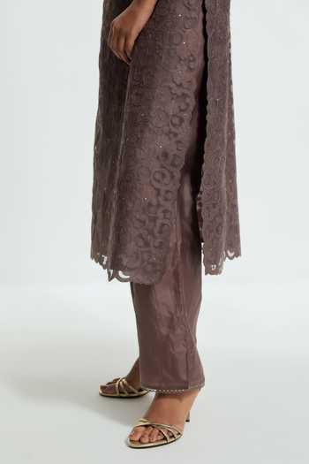 Buy Kora Grey Silk, Organza Round Neck Applique Work Kurta Pant Set Buy_Kora_Grey Silk, Organza Round Neck Applique Work Kurta Pant Set