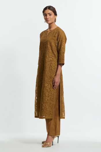 Buy Kora Olive Green Organza, Split V-neck Applique Work Kurta Set Online at Aza Fashions Buy_Kora_Olive Green Organza, Split V-neck Applique Work Kurta Set _Online_at_Aza_Fashions