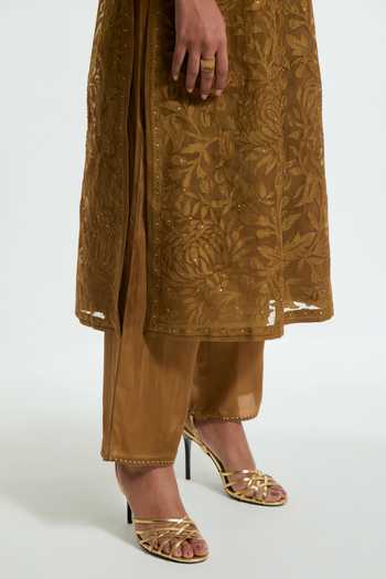 Buy Kora Olive Green Organza, Split V-neck Applique Work Kurta Set Buy_Kora_Olive Green Organza, Split V-neck Applique Work Kurta Set