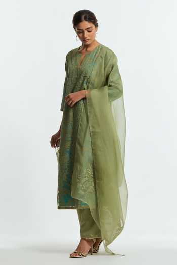 Buy Kora Green Organza, Split V-neck, Yes Applique Work Straight Kurta Set Online at Aza Fashions Buy_Kora_Green Organza, Split V-neck, Yes Applique Work Straight Kurta Set _Online_at_Aza_Fashions